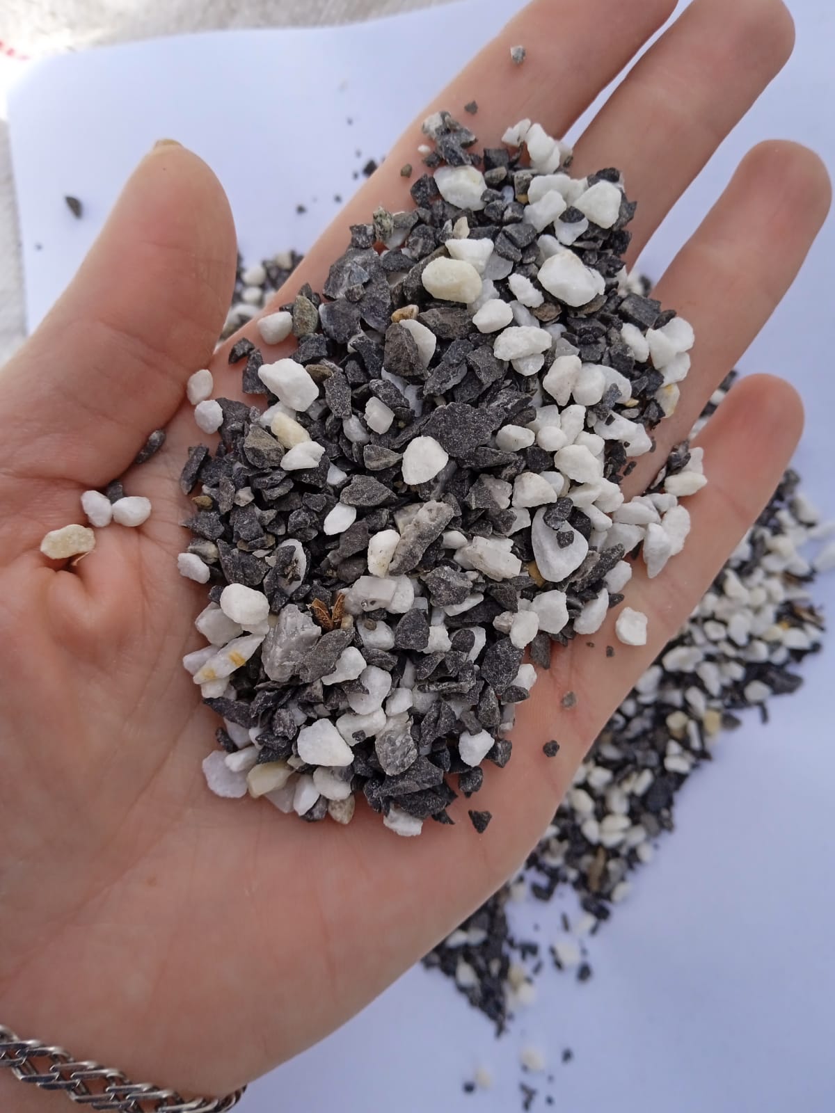  Мраморная галька (щебень галтованный микс:белый-черный-розовый-медовый) фр.5-10 мм.  купить  в Сочи мрамор белый, медовый, черный, розовый мраморный галтованный щебень декоративный ландшафтный 14500 руб/т   фото 